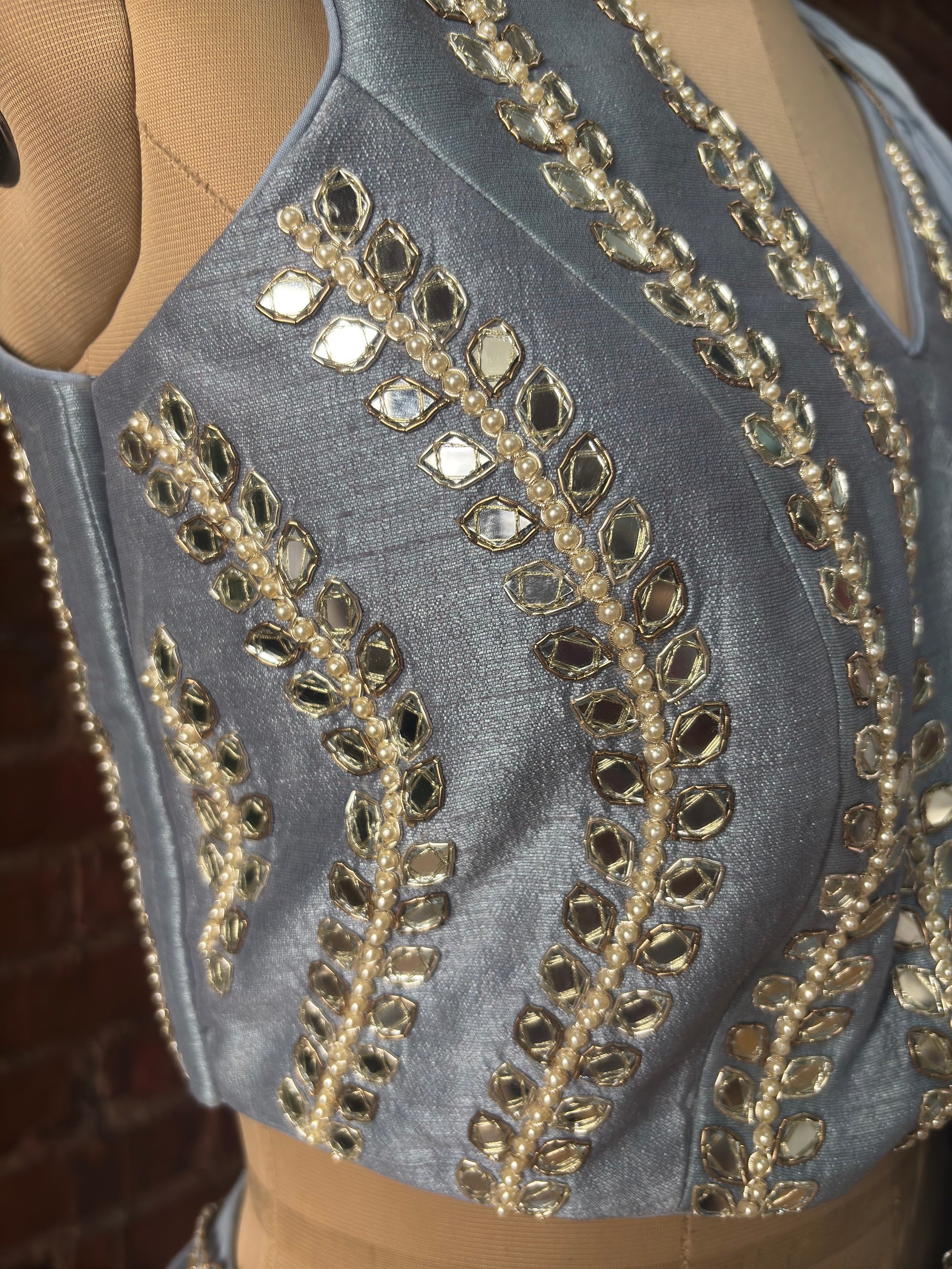 Dusty Blue Pre-Draped Saree with Mirror work Blouse - Embroidery
