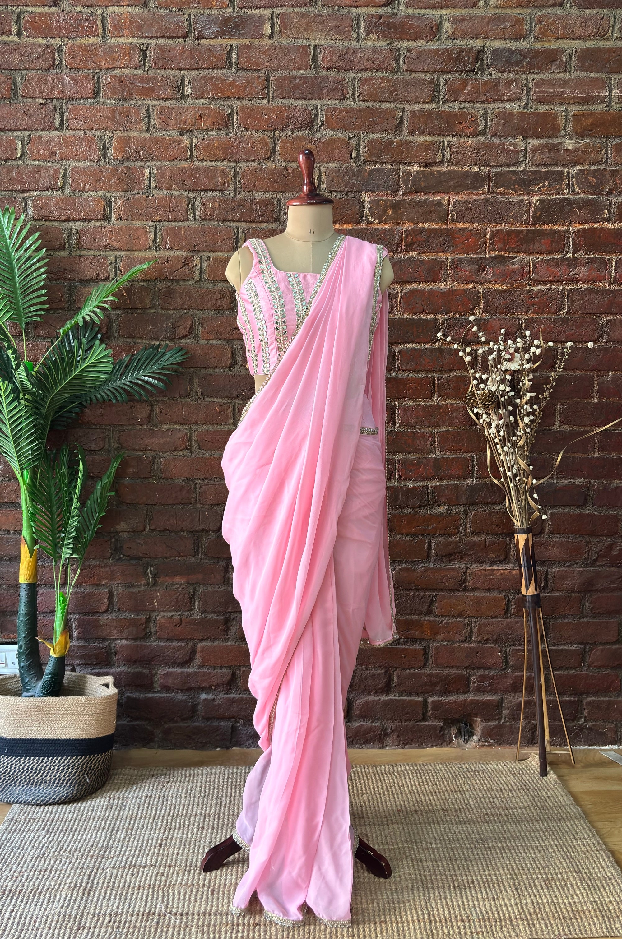 Pink Pre-Draped Saree with Mirror work Blouse - Saree Style