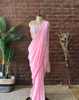 Pink Pre-Draped Saree with Mirror work Blouse - Saree Style
