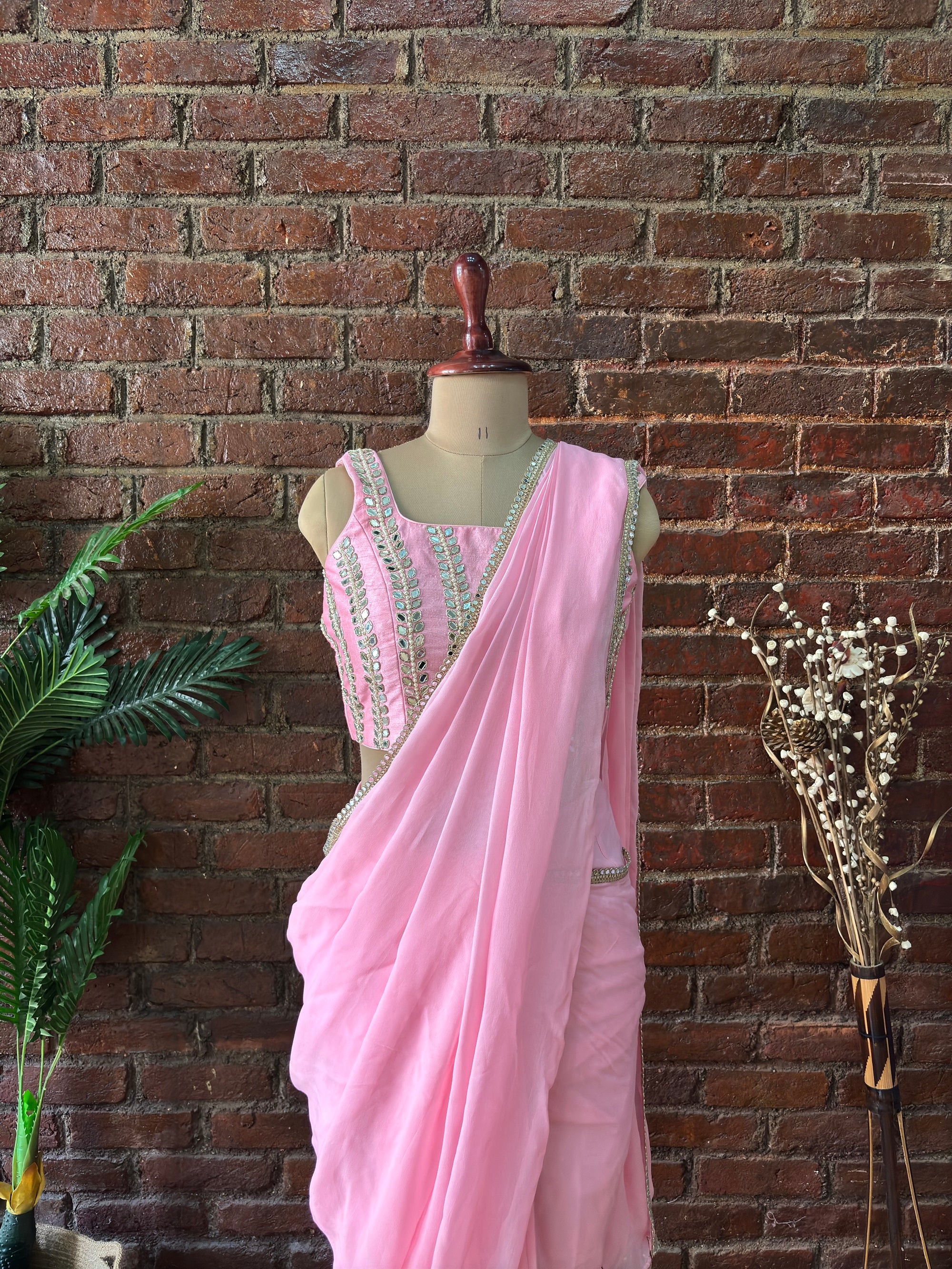Pink Pre-Draped Saree with Mirror work Blouse - Saree UK