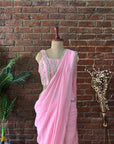 Pink Pre-Draped Saree with Mirror work Blouse - Saree UK