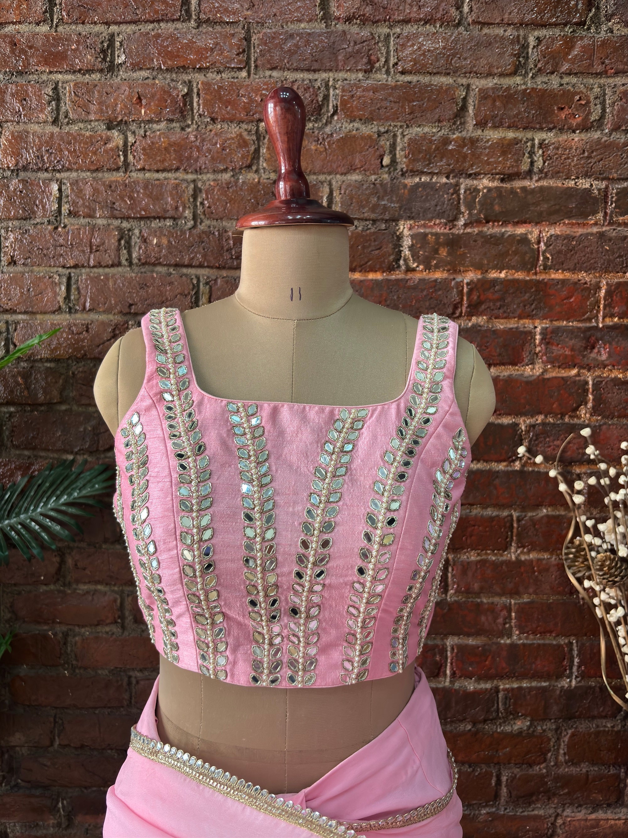 Pink Pre-Draped Saree with Mirror work Blouse - Pink Blouse