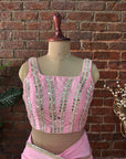 Pink Pre-Draped Saree with Mirror work Blouse - Pink Blouse