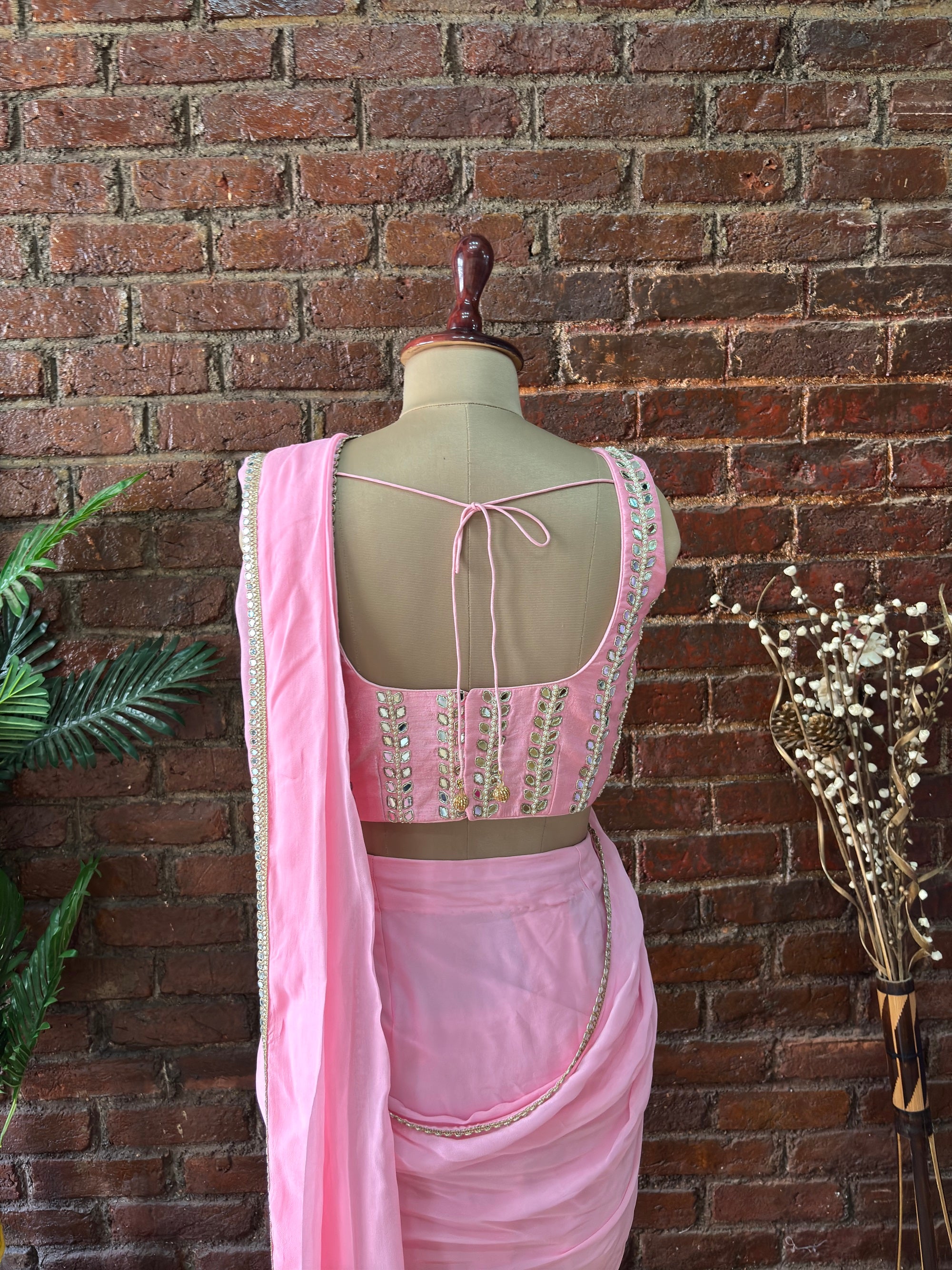 Pink Pre-Draped Saree with Mirror work Blouse - Saree India
