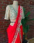 Red and Nude Mirror Work Pre-Stitched Saree - red saree Canada