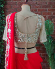 Red and Nude Mirror Work Pre-Stitched Saree - red saree Canada