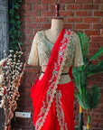 Red and Nude Mirror Work Pre-Stitched Saree - red saree Canada