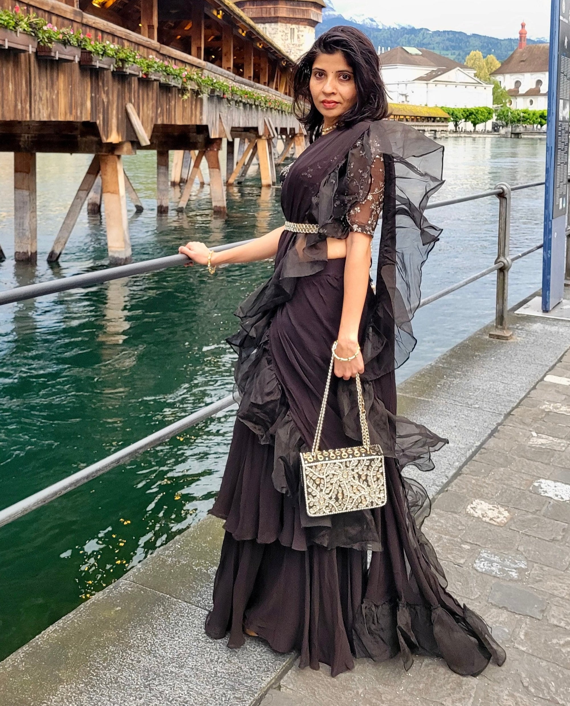 Black Ruffle Pre-Stitched Saree - ruffle saree Sydney