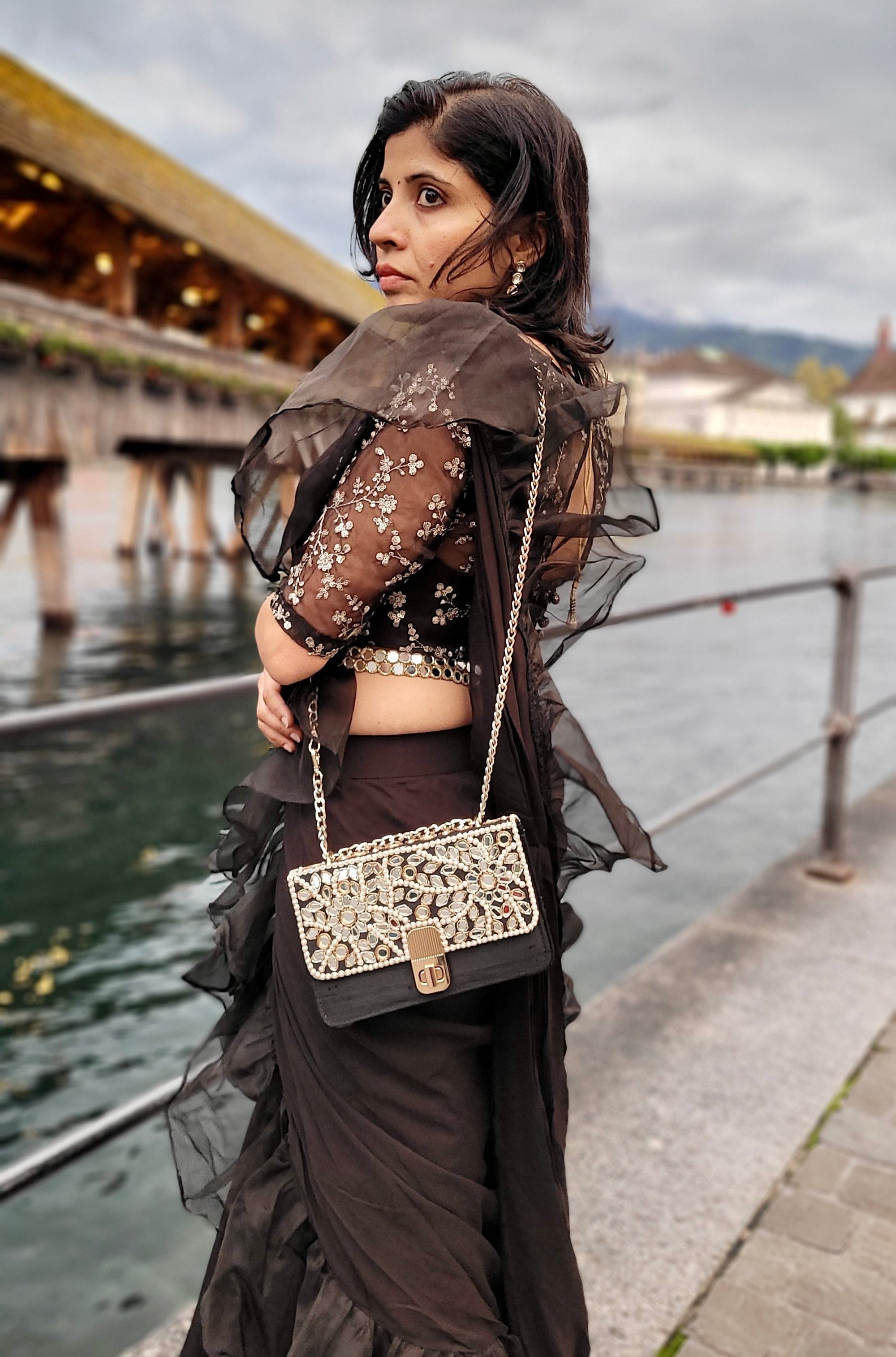 Black Ruffle Pre-Stitched Saree - ruffle saree Sydney