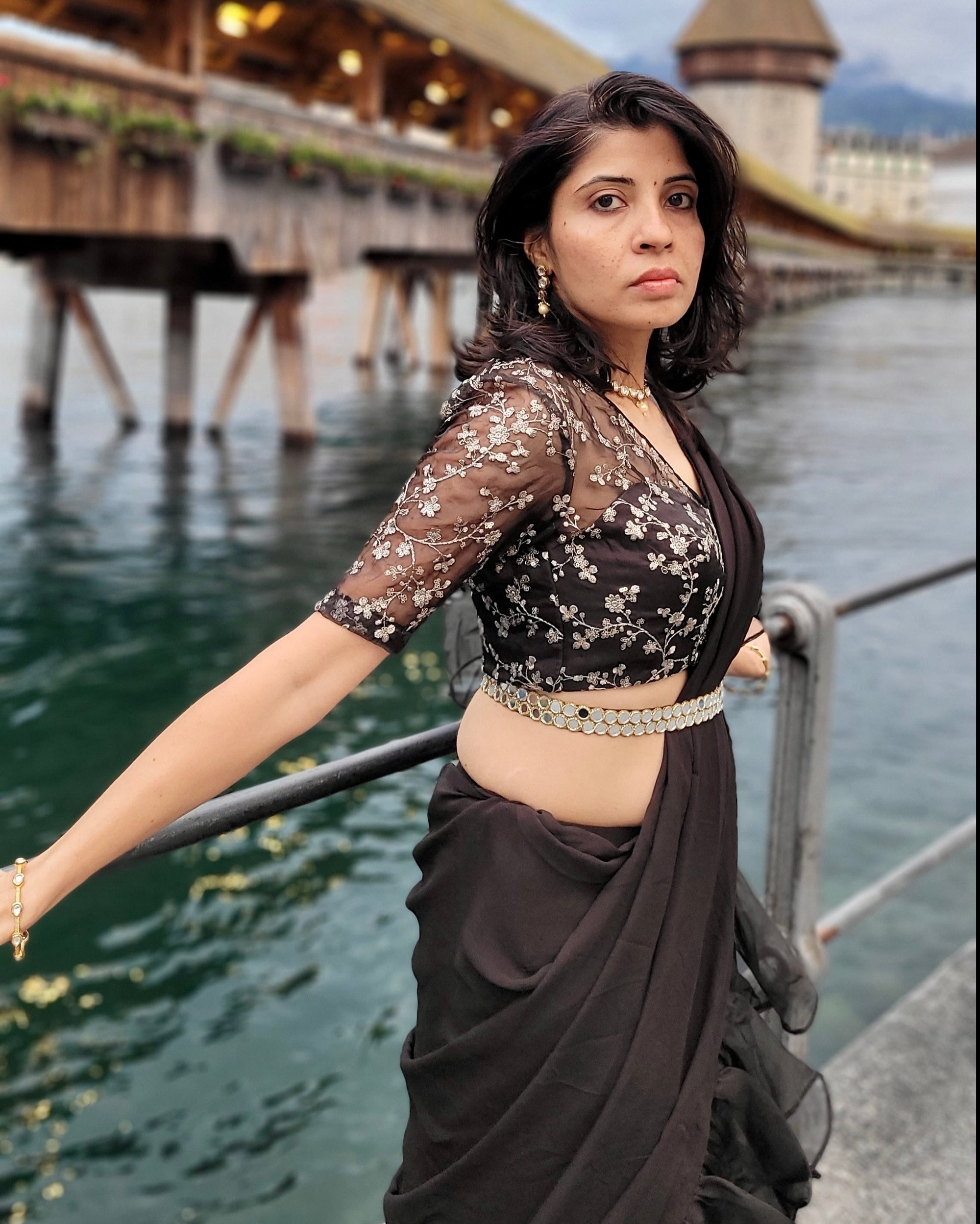 Black Ruffle Pre-Stitched Saree - ruffle saree Sydney