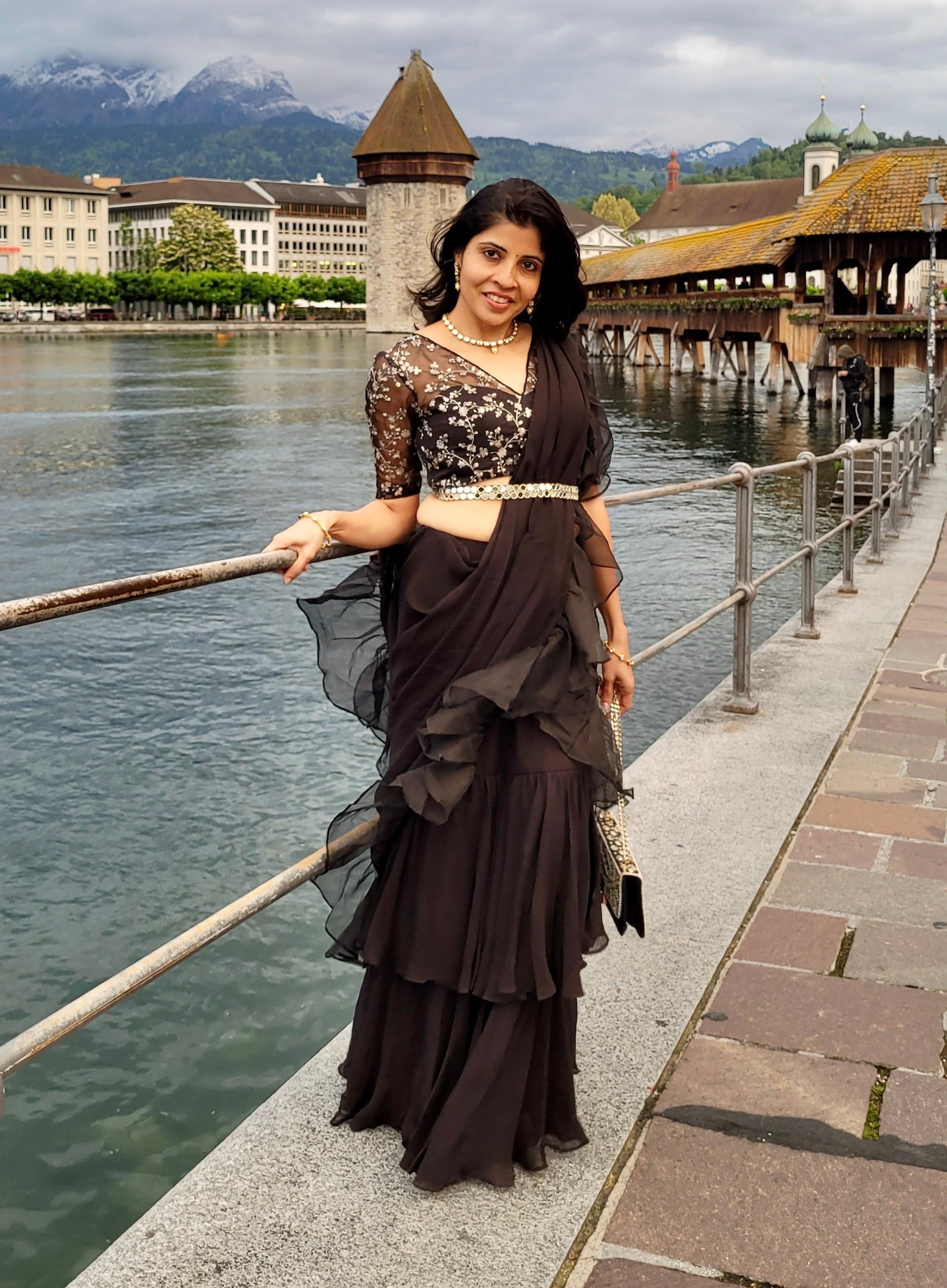 Black Ruffle Pre-Stitched Saree - ruffle saree Sydney