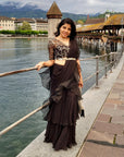 Black Ruffle Pre-Stitched Saree - ruffle saree Sydney