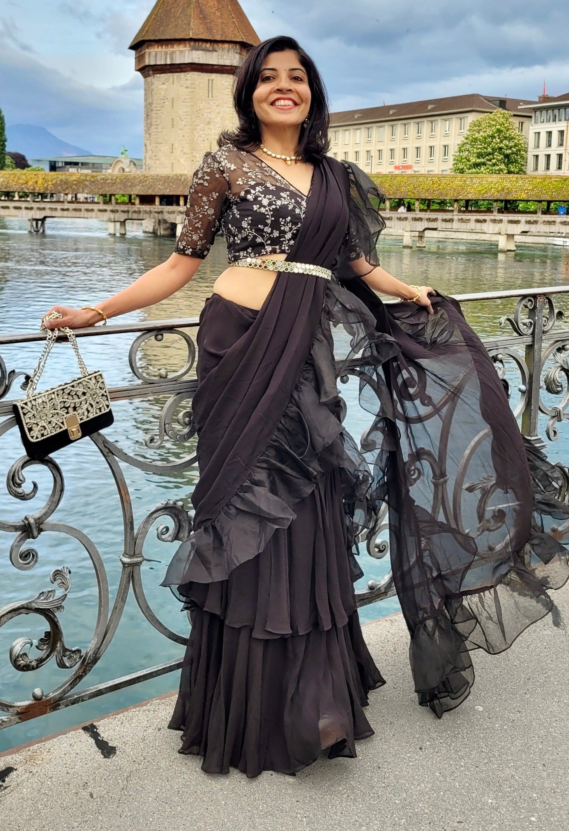 Black Ruffle Pre-Stitched Saree - ruffle saree Sydney