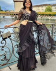 Black Ruffle Pre-Stitched Saree - ruffle saree Sydney