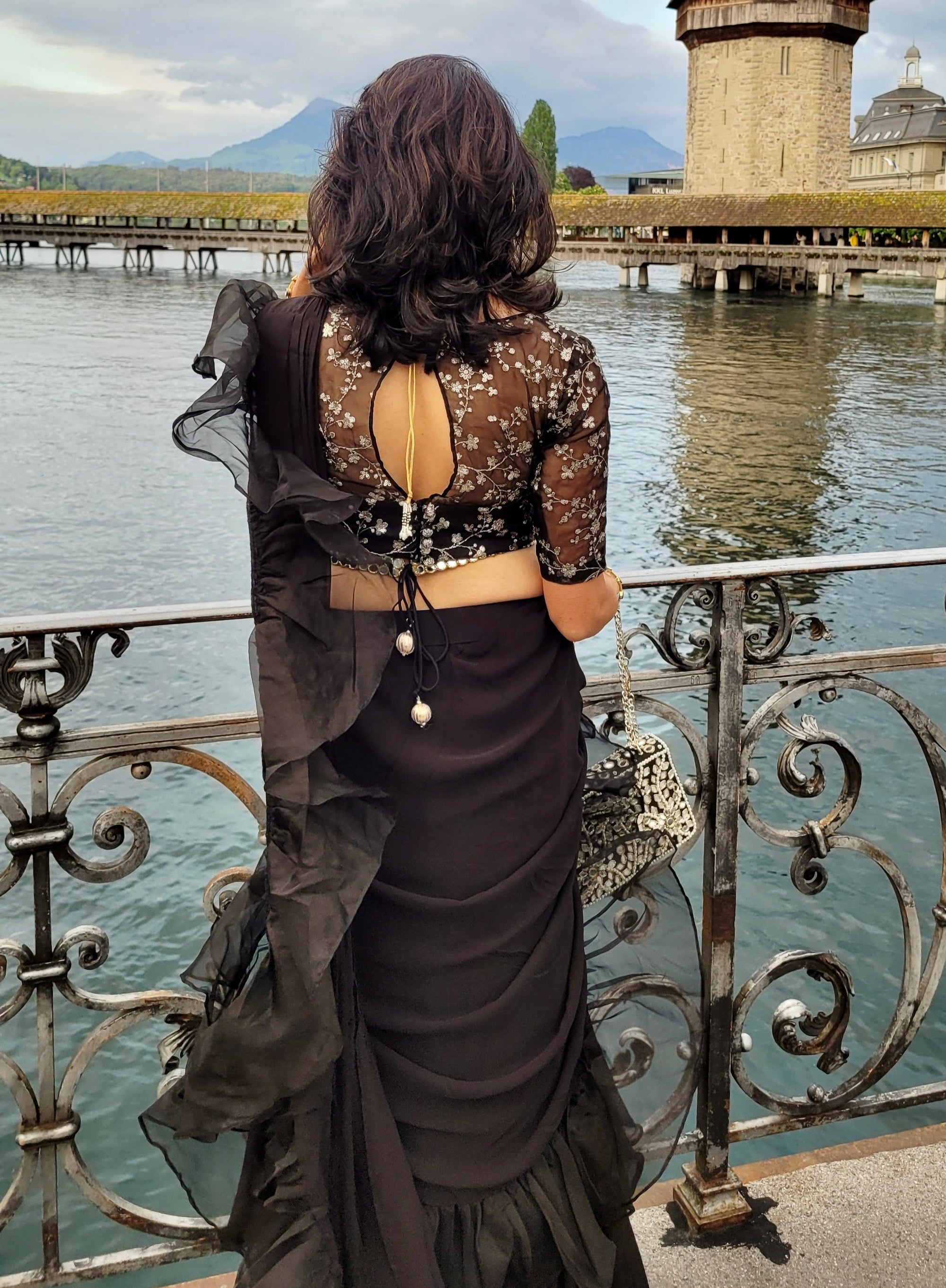 Black Ruffle Pre-Stitched Saree - ruffle saree Sydney