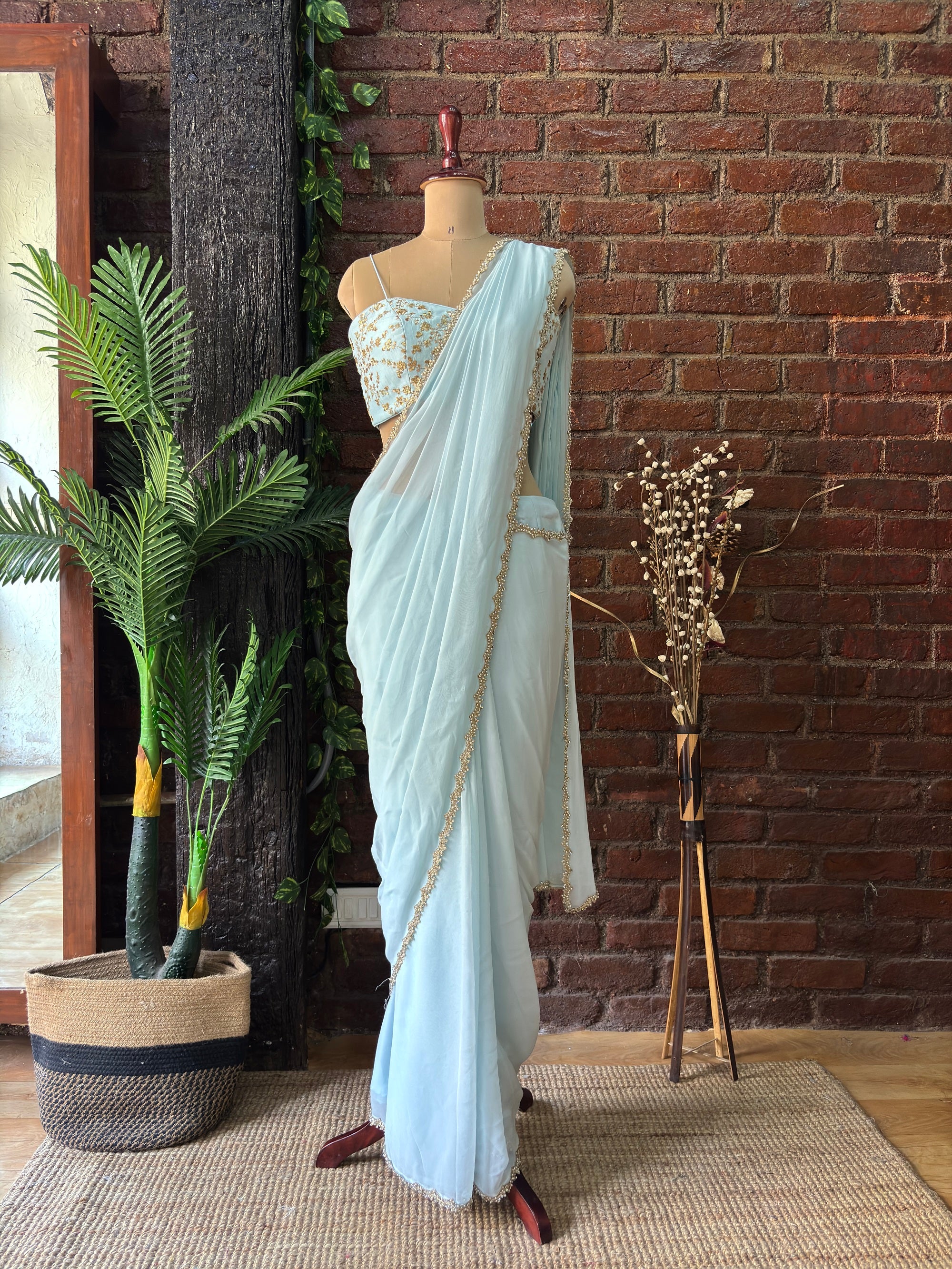 Powder Blue Pre-Draped Saree with Zari work Bustier