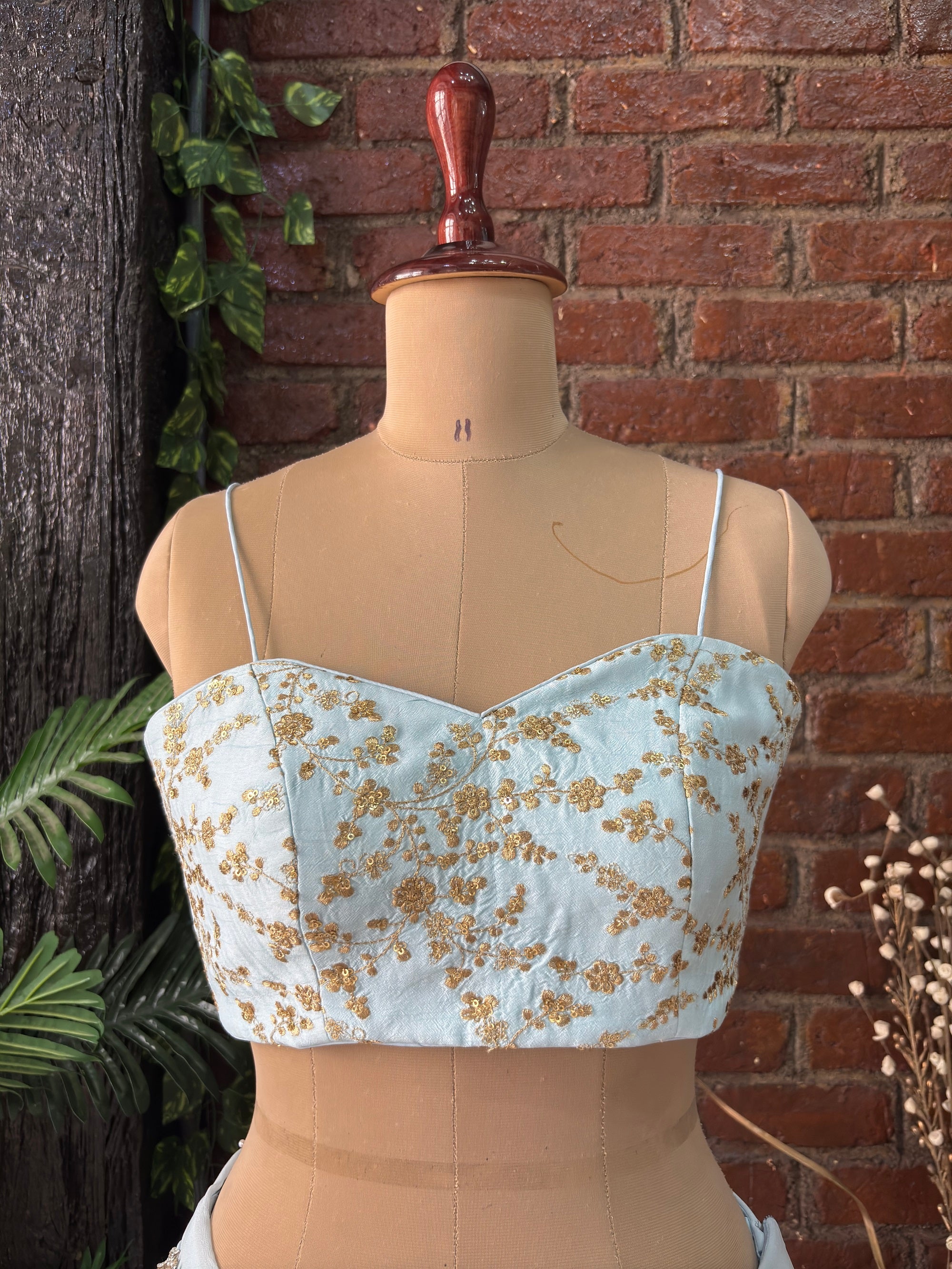 Powder Blue Pre-Draped Saree with Zari work Bustier