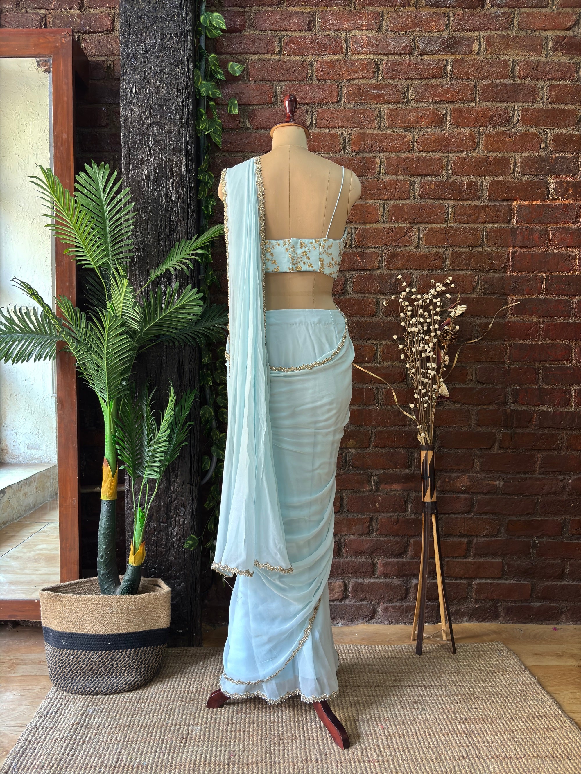 Powder Blue Pre-Draped Saree with Zari work Bustier