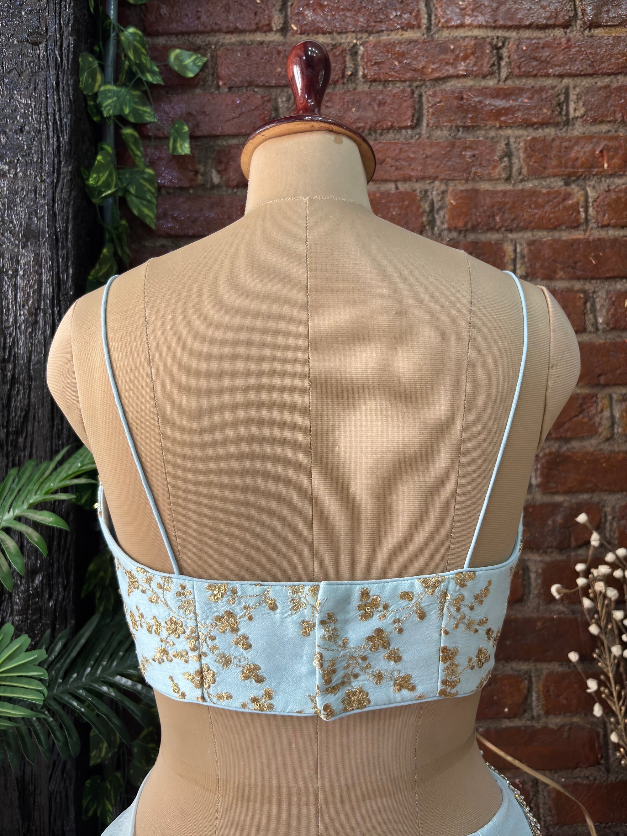Powder Blue Pre-Draped Saree with Zari work Bustier