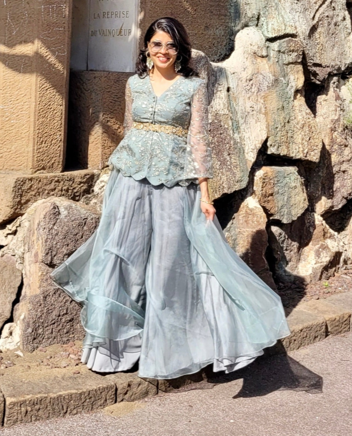 Dust Green Peplum Top and Palazzo Set - palazzo set Australia