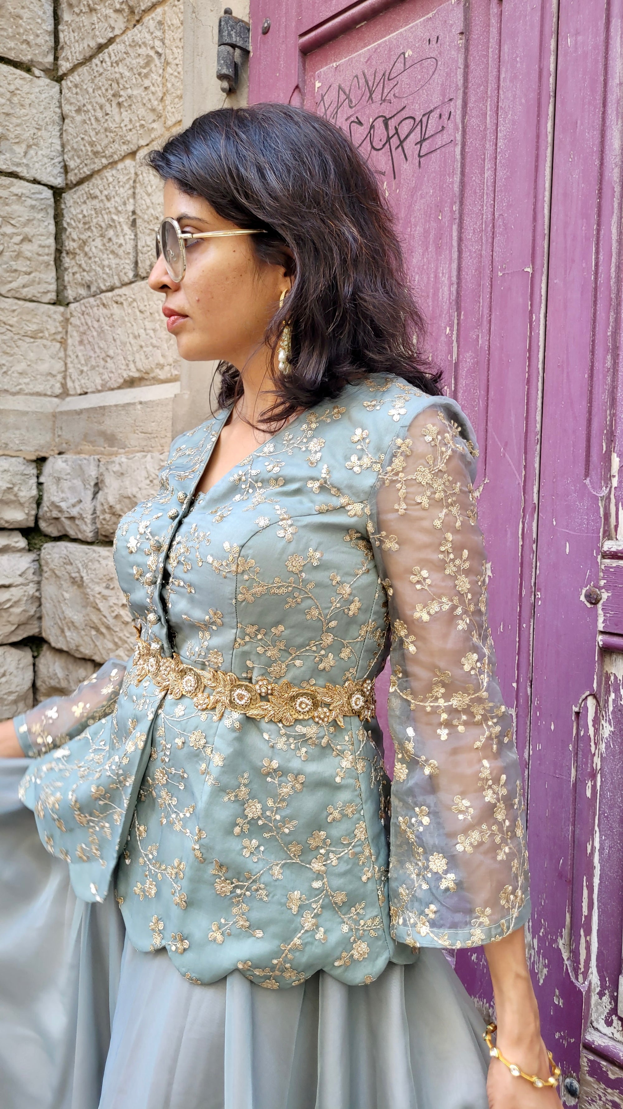 Dust Green Peplum Top and Palazzo Set - palazzo set Australia