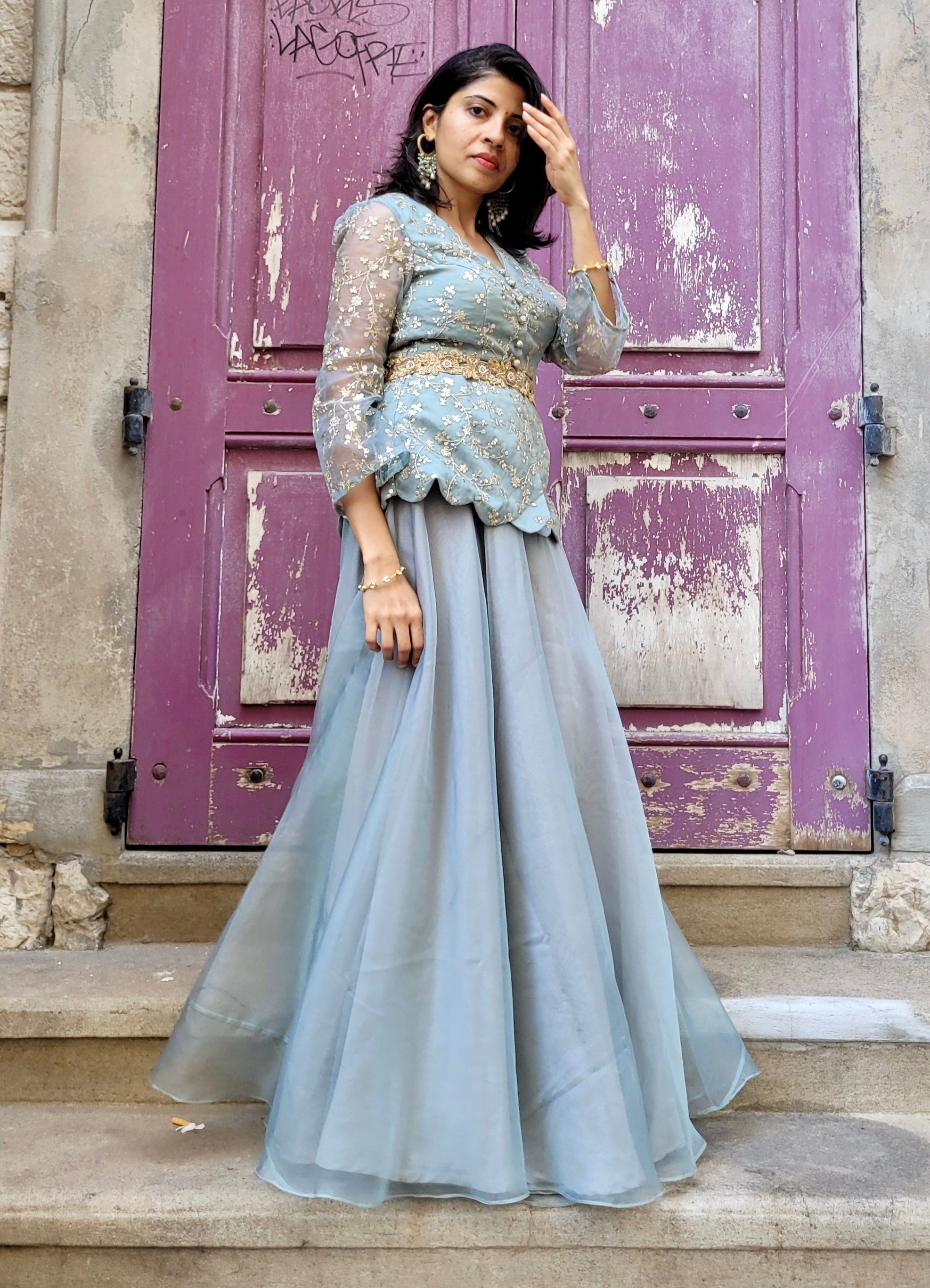 Dust Green Peplum Top and Palazzo Set - palazzo set Australia