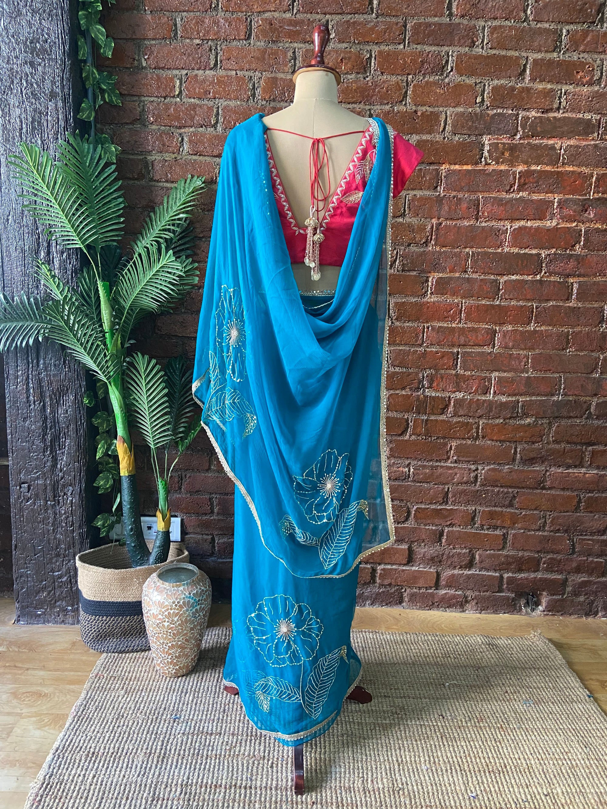 Teal Chiffon Embroidered Saree