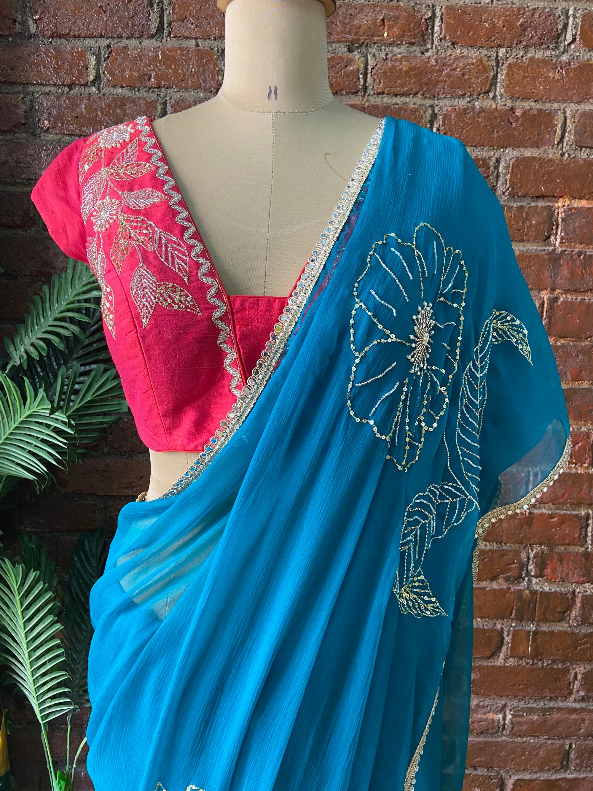 Teal Chiffon Embroidered Saree