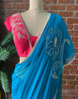 Teal Chiffon Embroidered Saree