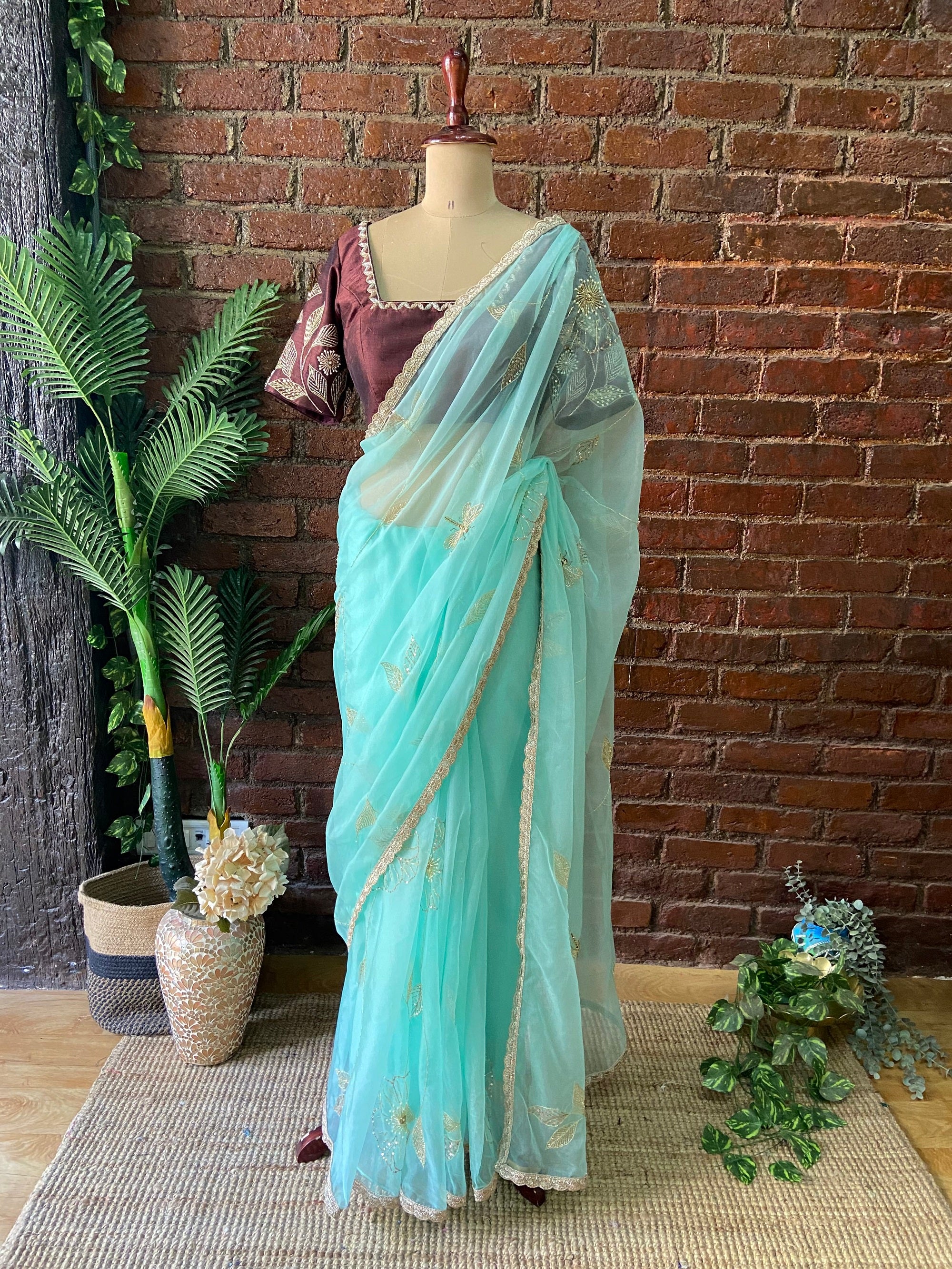 Ice Blue Organza Embroidered Saree - light blue saree