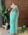 Ice Blue Organza Embroidered Saree - light blue saree