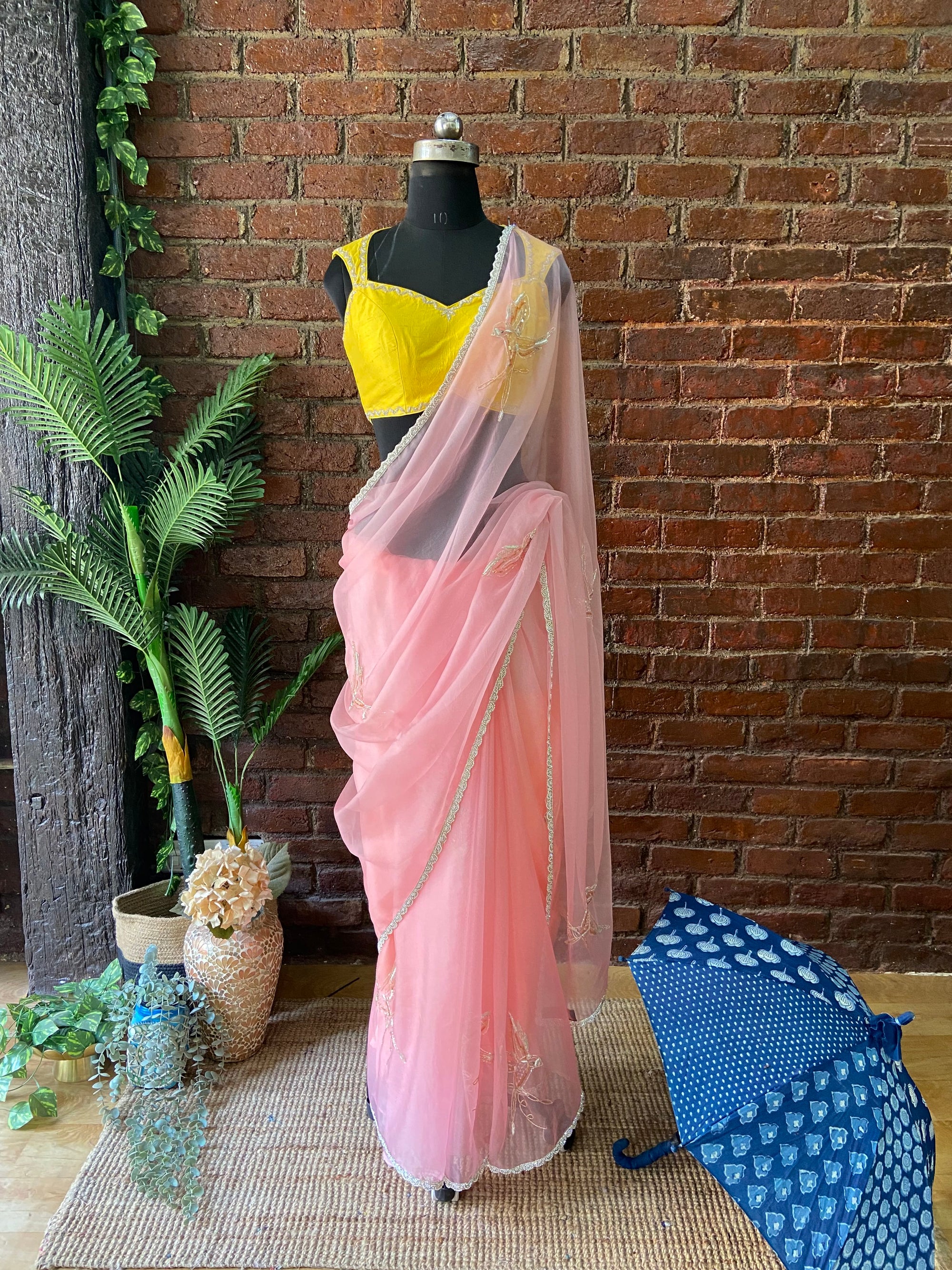 Pink Organza Embroidered Saree