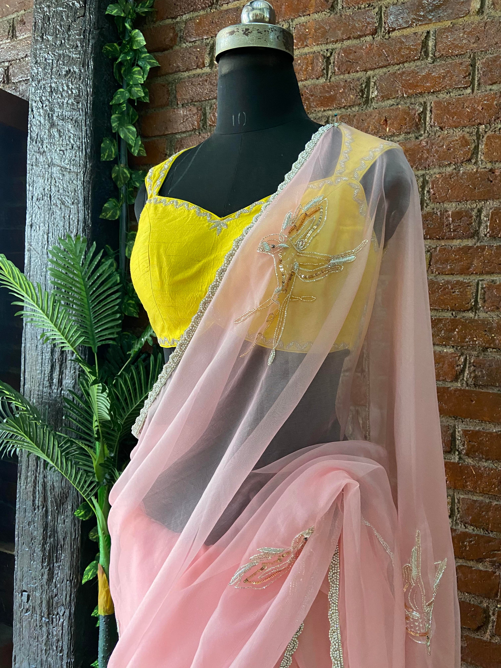 Pink Organza Embroidered Saree