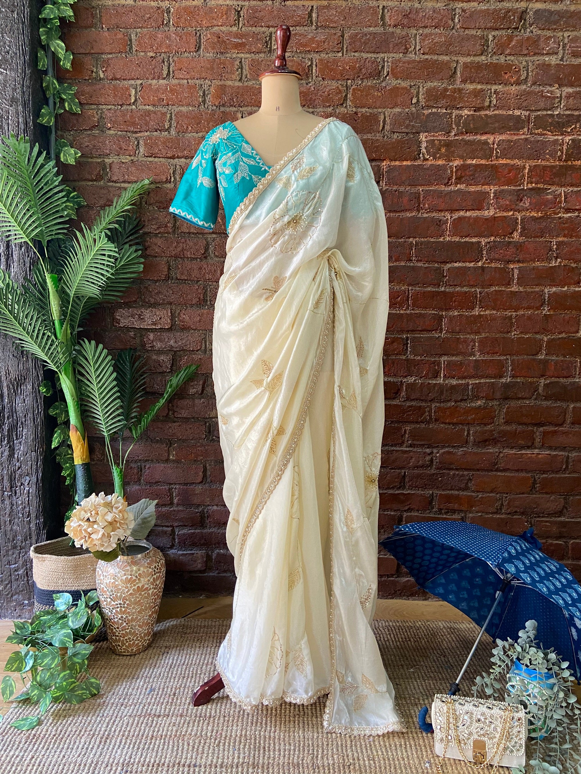 Ivory Tissue Embroidered Saree