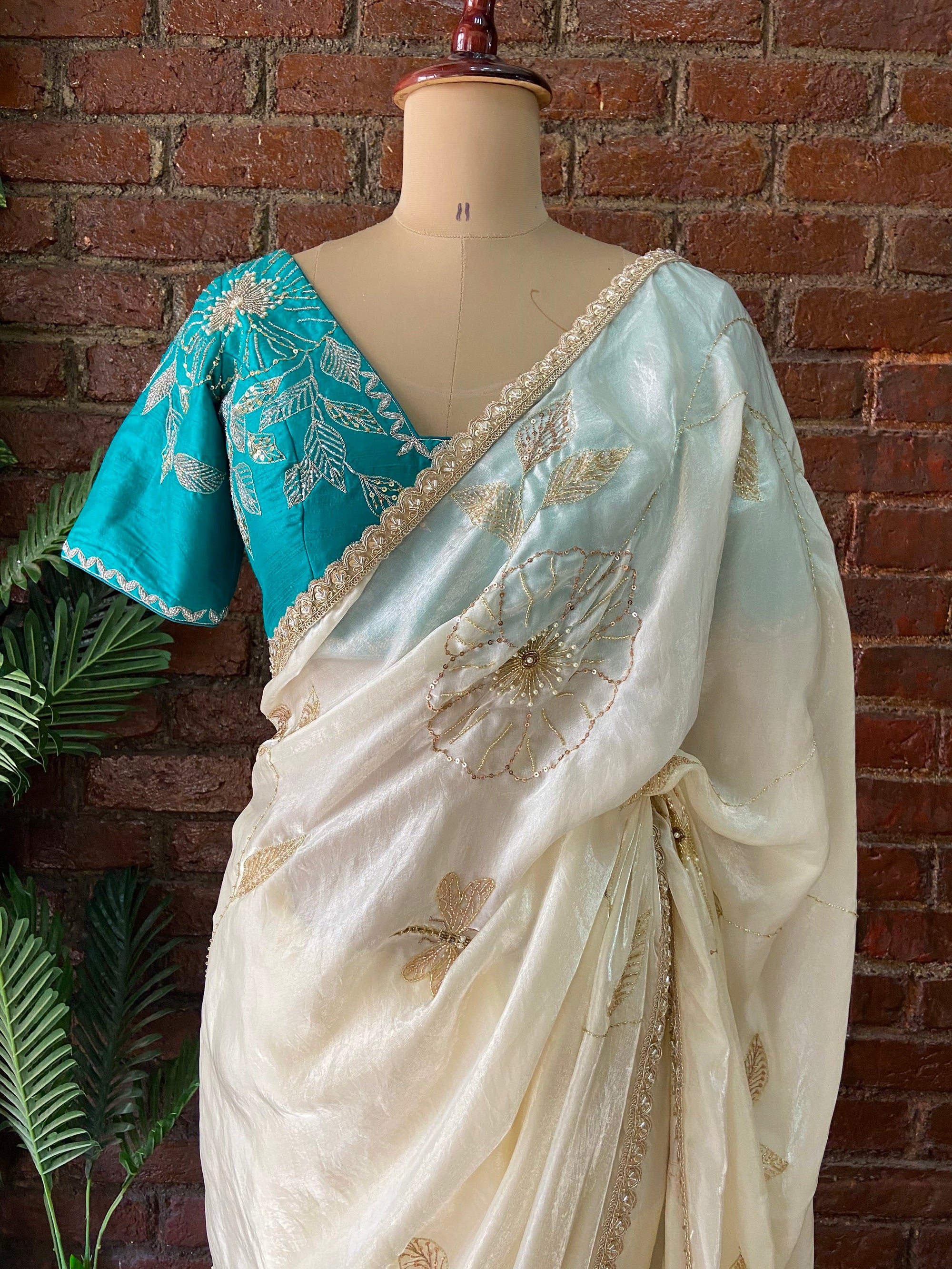 Ivory Tissue Embroidered Saree - Saree with blue blouse