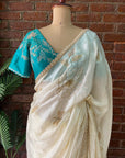 Ivory Tissue Embroidered Saree - Saree with blue blouse