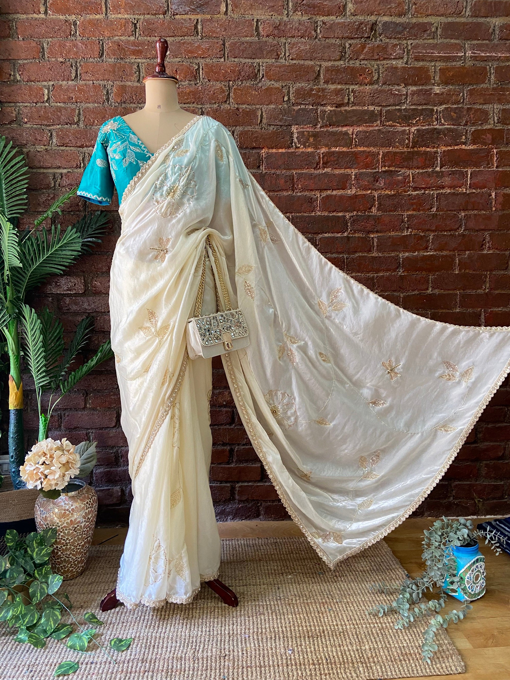 Ivory Tissue Embroidered Saree