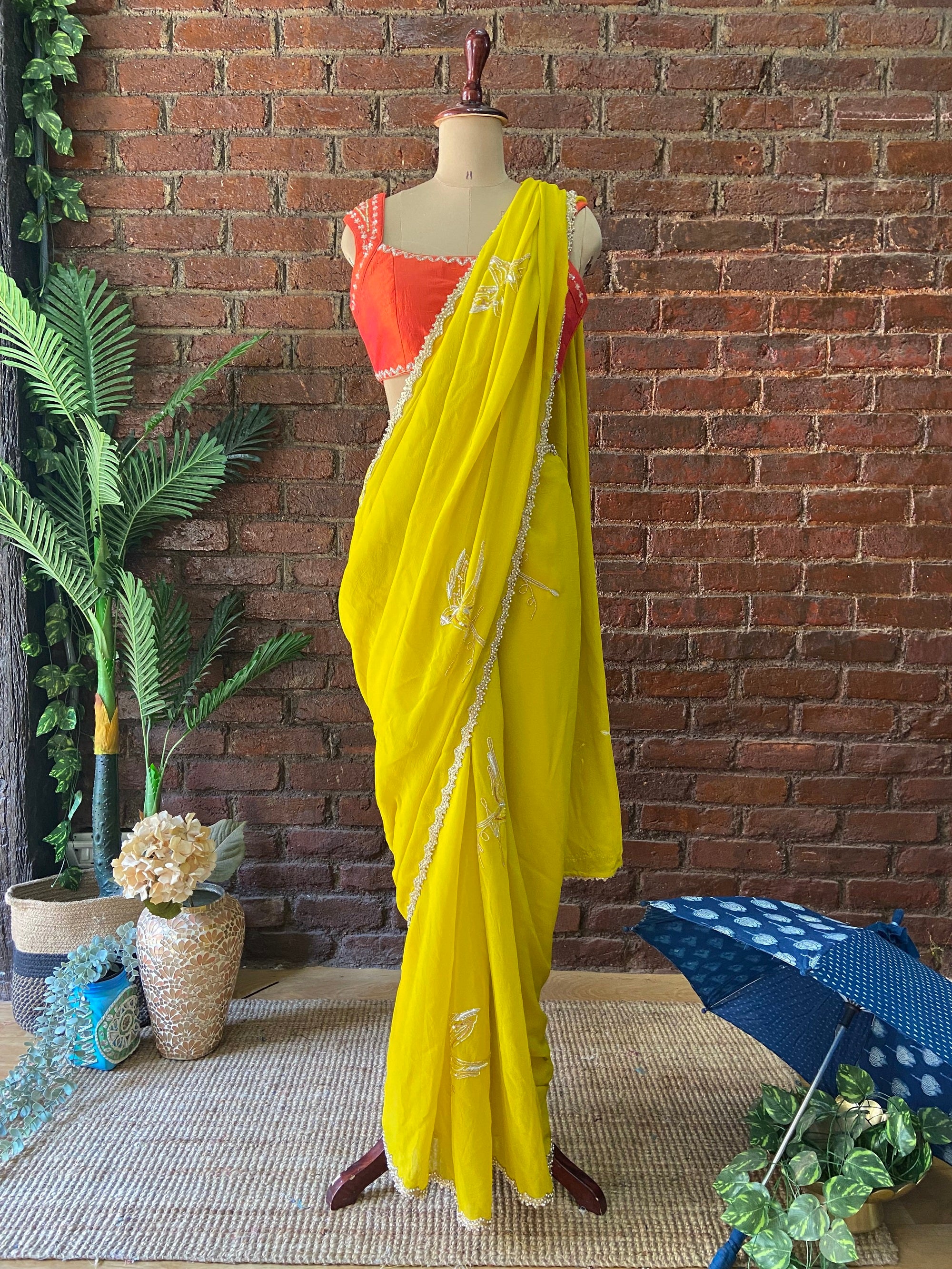 Mustard Georgette Embroidered Saree