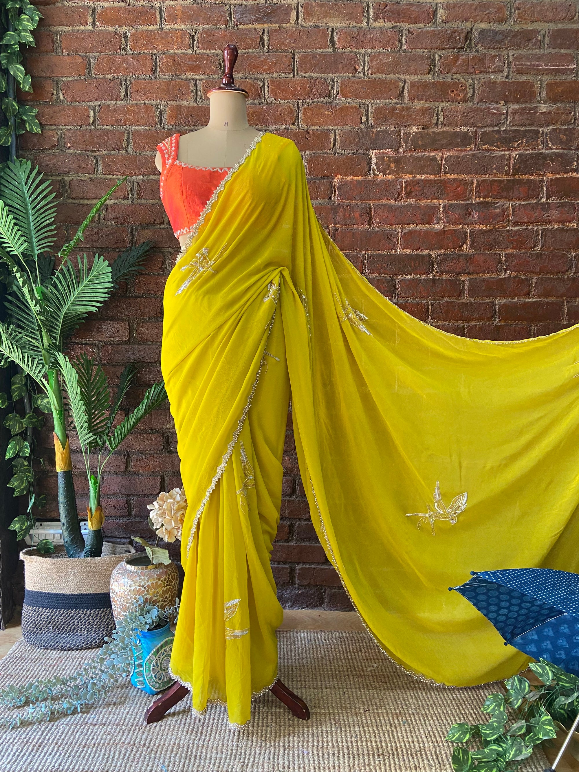Mustard Georgette Embroidered Saree