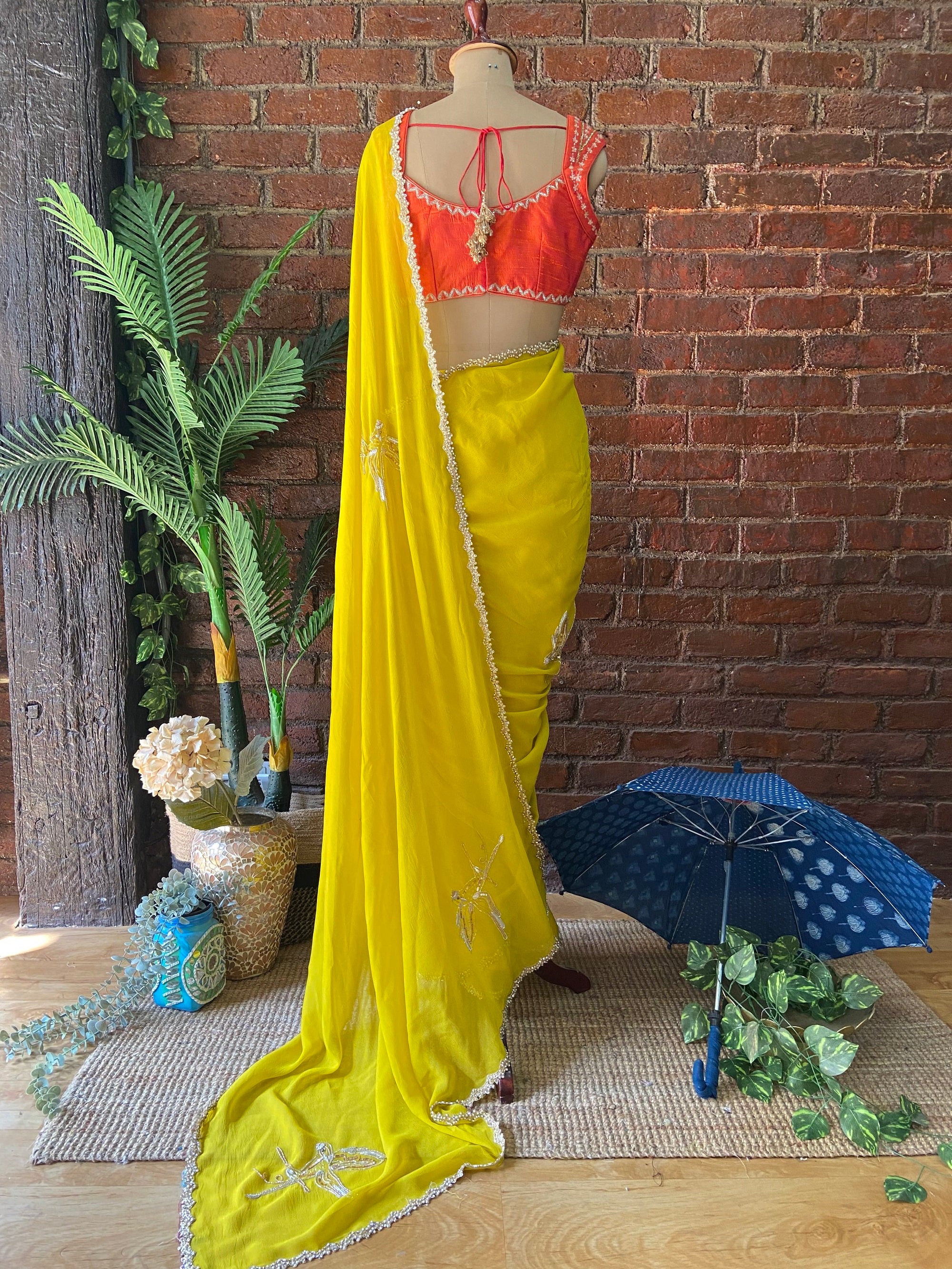 Mustard Georgette Embroidered Saree