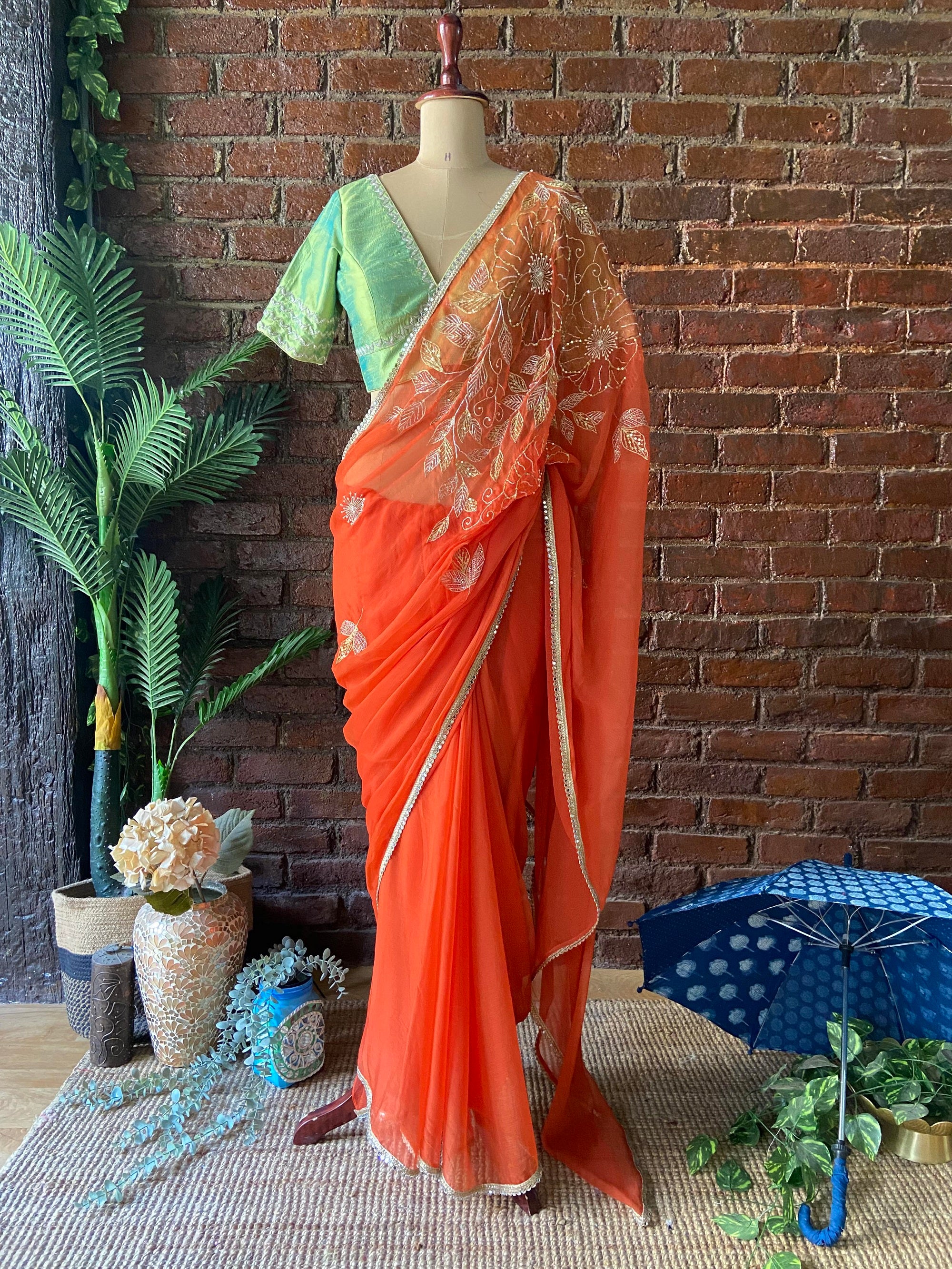 Tangerine chiffon saree. Orange saree with green blouse
