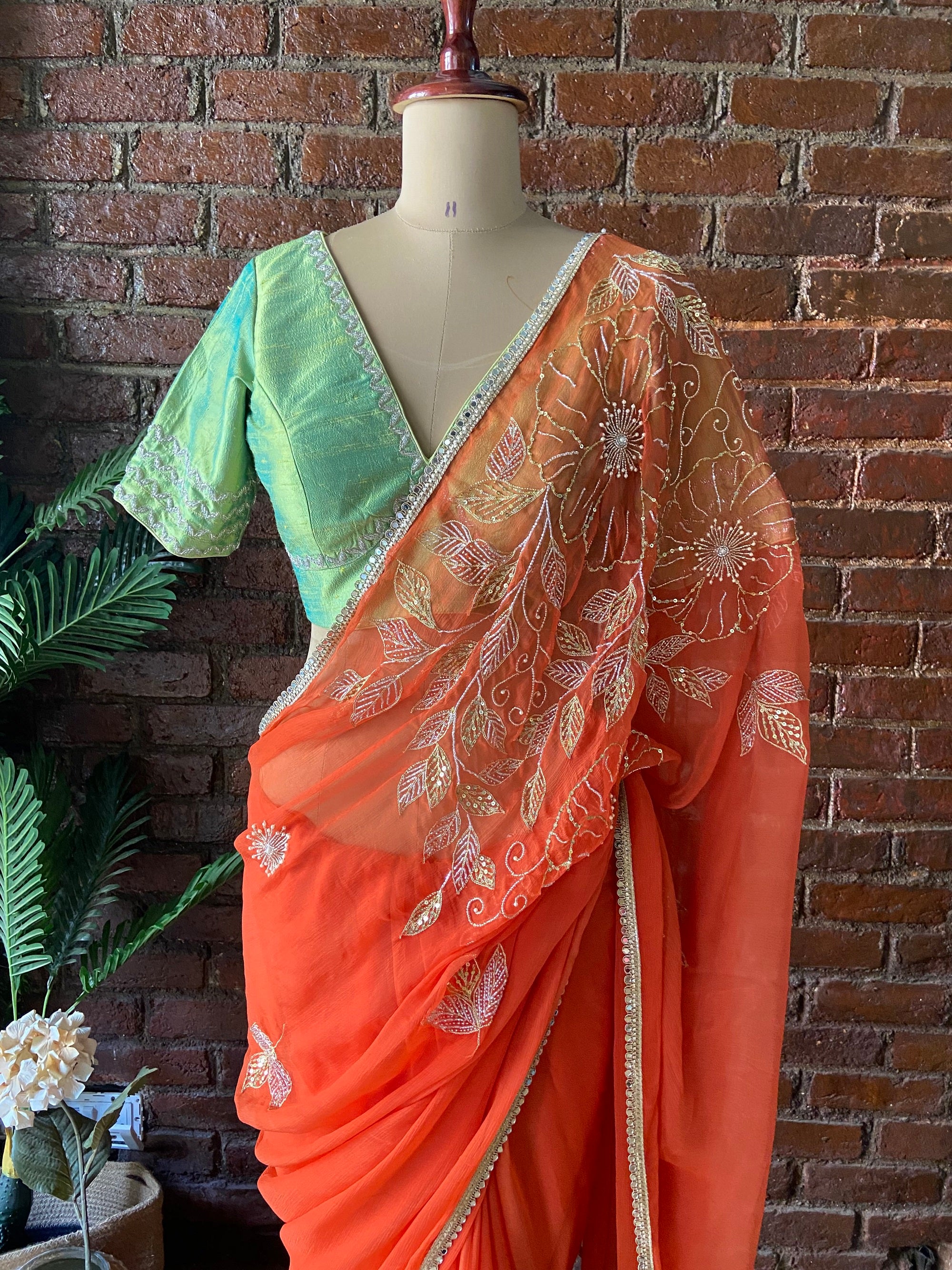 Tangerine chiffon saree - Saree Australia