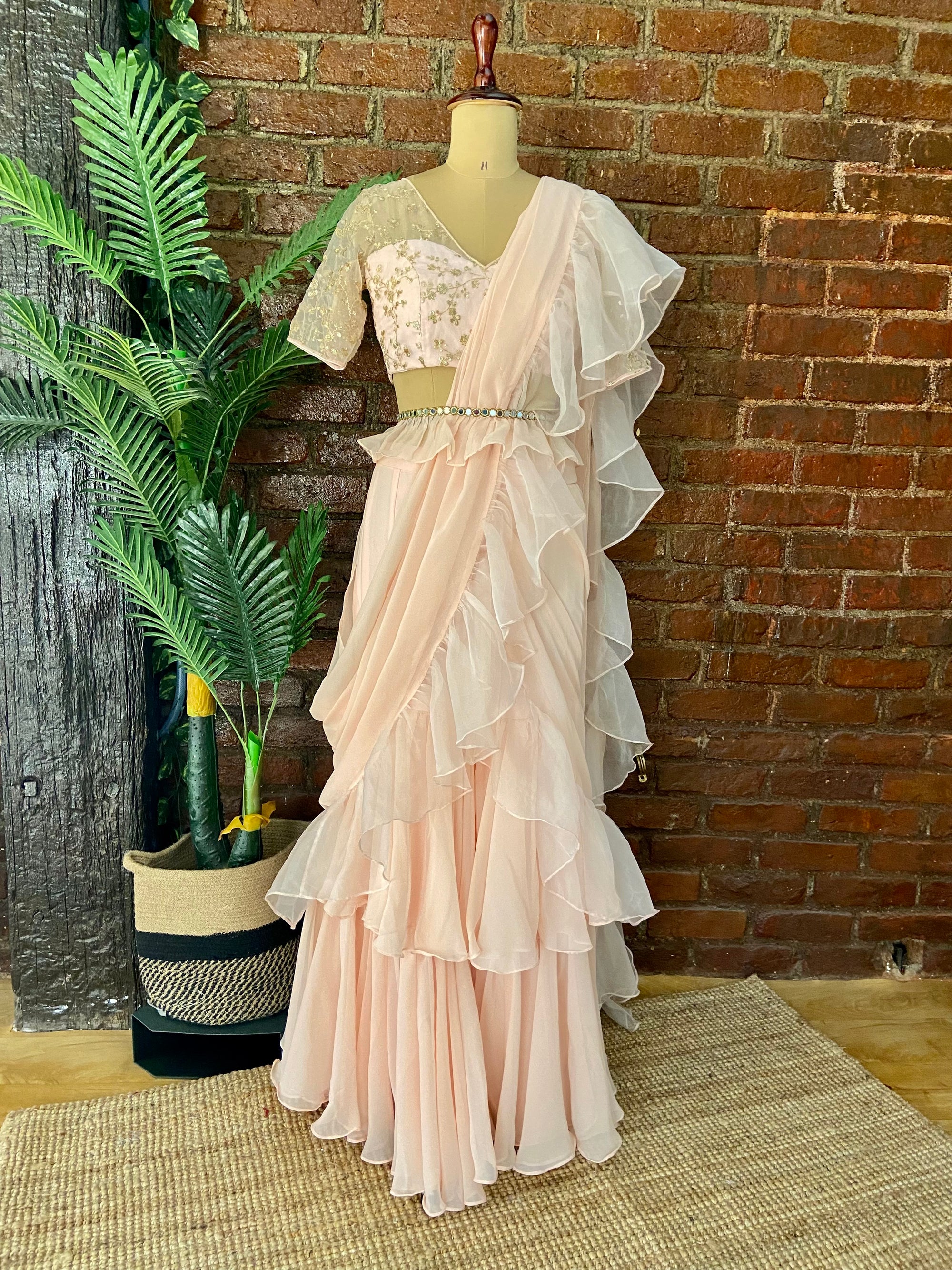 Powder Pink Ruffle Pre-Stitched Saree - ruffle saree USA