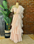 Powder Pink Ruffle Pre-Stitched Saree - ruffle saree USA