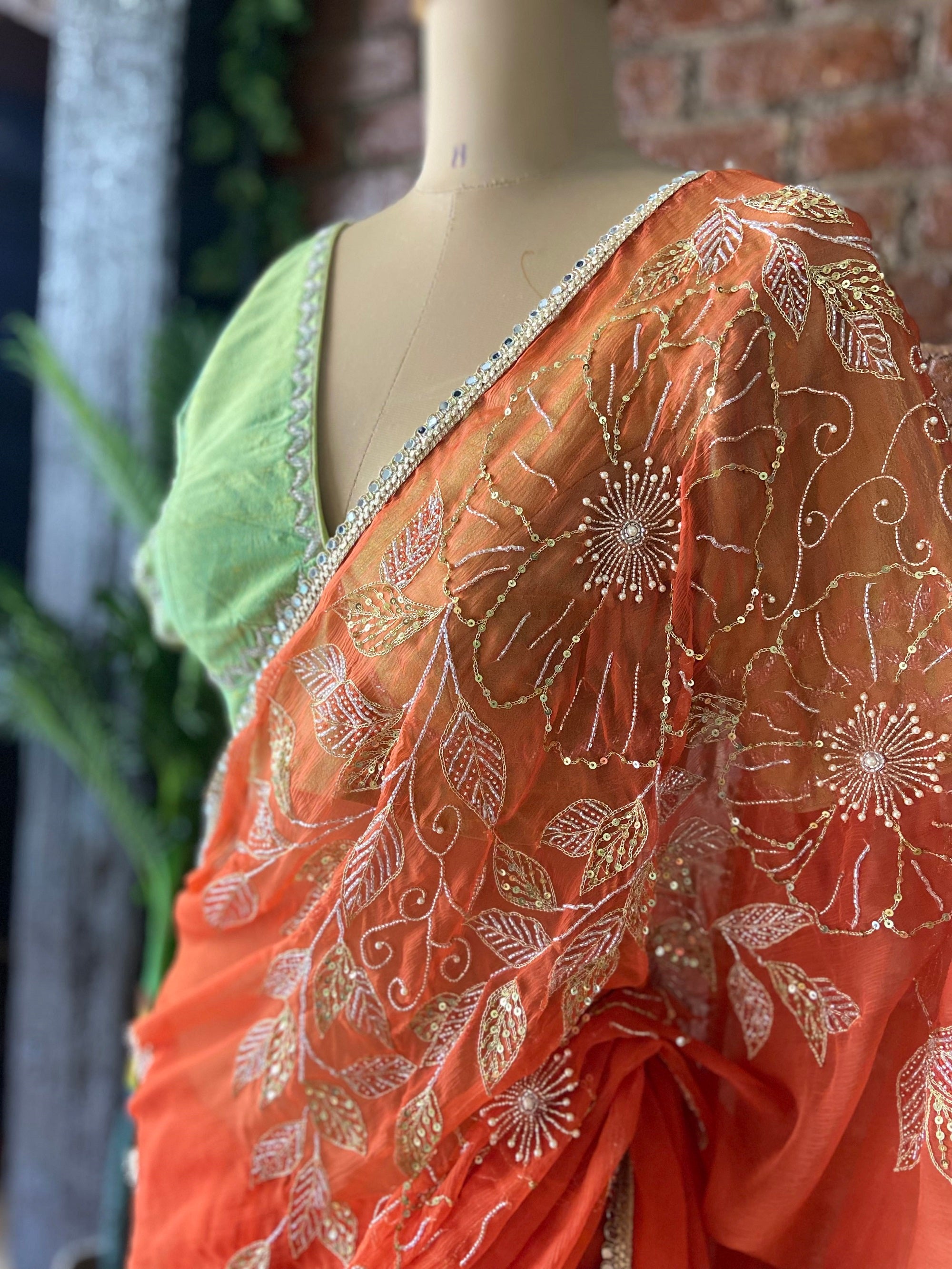Tangerine chiffon saree - Indian Saree