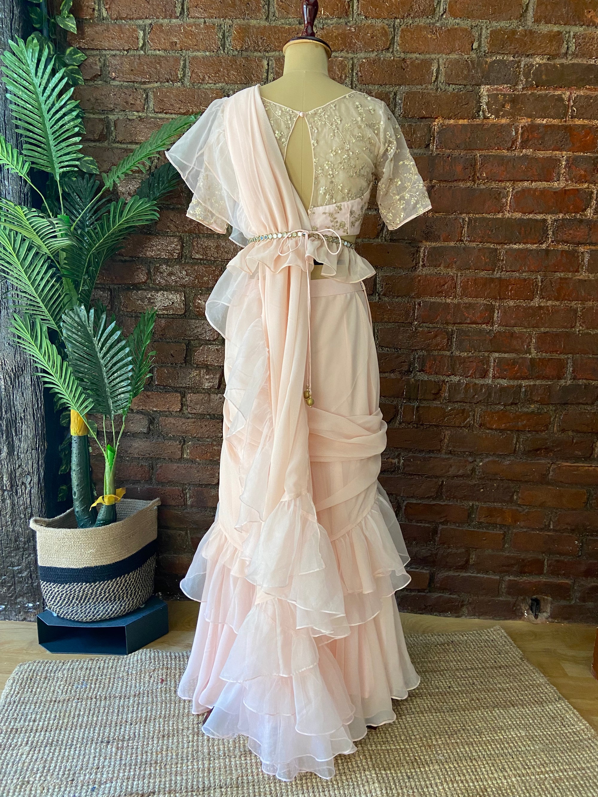 Powder Pink Ruffle Pre-Stitched Saree - ruffle saree USA