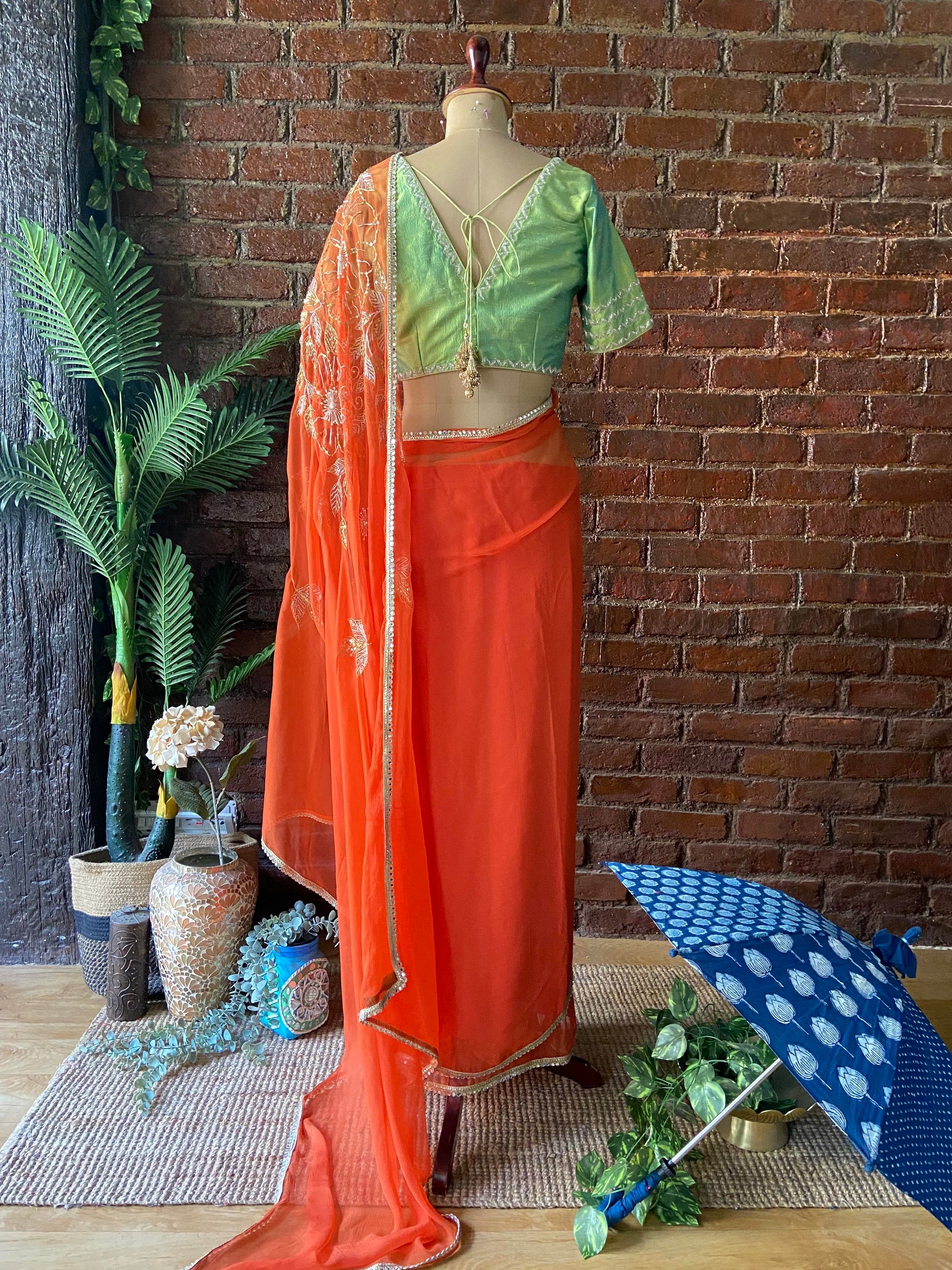 Tangerine chiffon saree - Saree UK