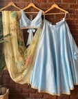 Sky Blue Raw Silk Lehenga Set with Lime Hand Painted Dupatta Set - silk lehenga New Zealand