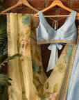 Sky Blue Raw Silk Lehenga Set with Lime Hand Painted Dupatta Set - silk lehenga New Zealand