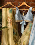 Sky Blue Raw Silk Lehenga Set with Lime Hand Painted Dupatta Set - silk lehenga New Zealand